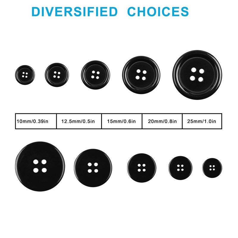 ONEHERE 100 Pcs Premium Mixed Resin Sewing Buttons  ONEHERE Eco-Friendly 4-Hole Craft Buttons  5 Sizes of Black Buttons Suitable for Sewing  DIY and Holiday Decoration(Black) - Image 3
